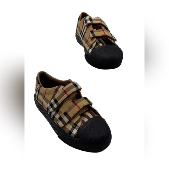 Burberry Shoes - Burberry Tan Nova Check Velcro Strap Low Top Sneakers Black Toe Cap COA Size 35